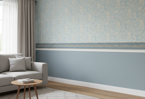 Интерьер гостиной с бордюром для обоев, разделяющим стену на две зоны и придающим комнате изысканный стиль