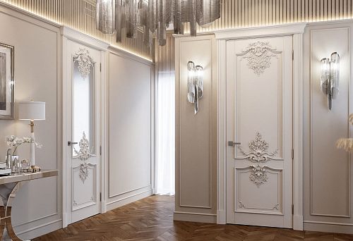 Интерьер современного дома с двумя белыми дверями из натурального дерева