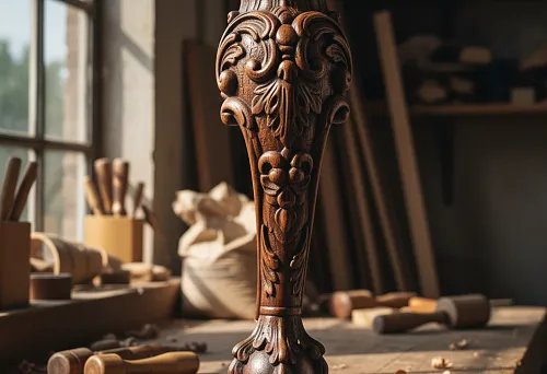 Резная мебельная опора из тёмного дерева с изящным флористическим орнаментом