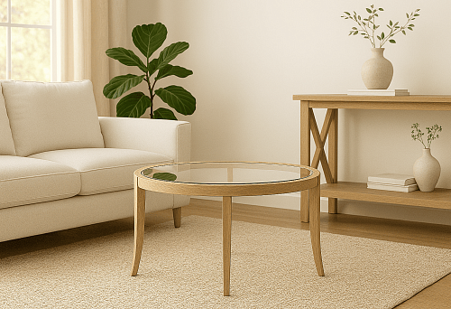 Современное деревянное подстолье для круглого стола с прозрачной столешницей в светлой гостиной