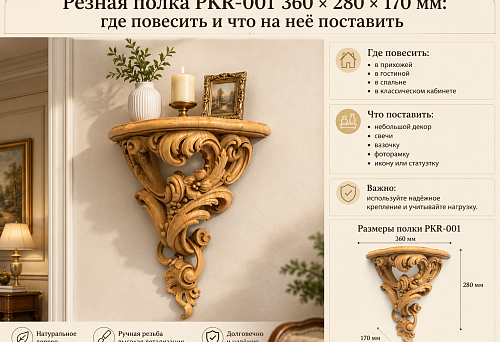 Резная полка PKR-001 360 × 280 × 170 мм: где повесить и что на неё поставить
