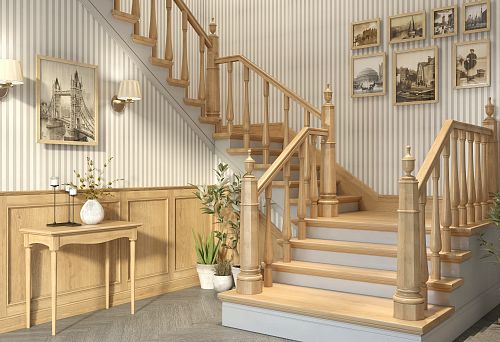 Лестница с деревянными балясинами в интерьере загородного дома, светлый дуб