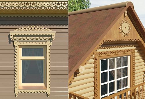 Деревянный дом с резным окном и наличниками в русском стиле на фоне фасада.