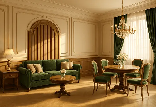 Элегантная гостиная с отделкой стен рейками МДФ и зелёным диваном