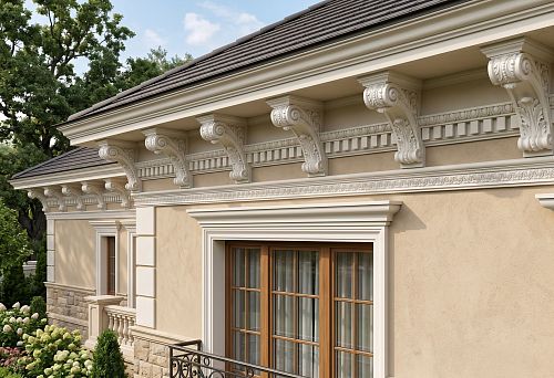 Модульоны из полиуретана под фасадным карнизом частного дома