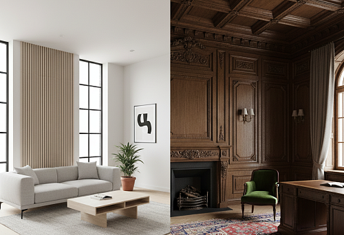 Сравнение минималистичного интерьера с деревянными рейками и классического помещения с резными панелями и кессонным потолком.