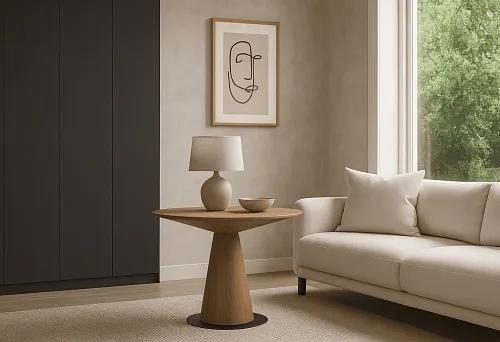 Мебель гостиной в итальянском стиле с деревянным столиком и мягким диваном