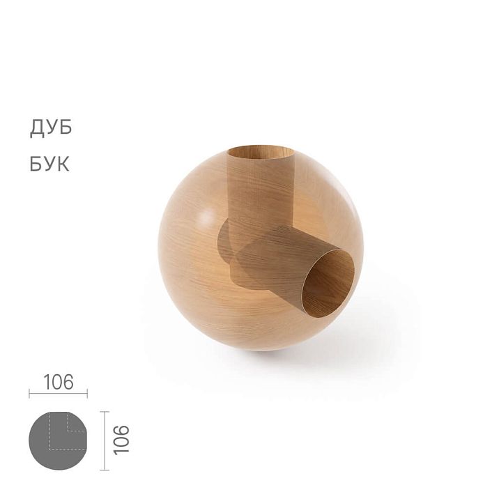 Геометрическая фигура KN-021 — деревянный шар 106×106×109 мм с угловыми отверстиями 34 мм из бука или дуба