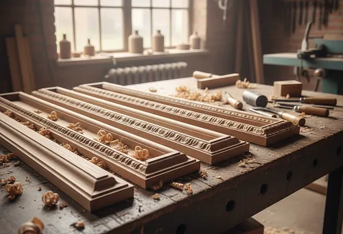 Деревянный погонаж багет с резным орнаментом на рабочем столе