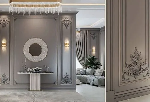 Детальный вид интерьерной панели с резным декором и изысканными элементами.