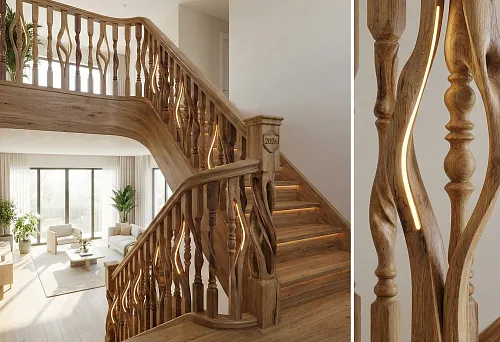 Интерьер 2026 года с изогнутыми деревянными балясинами и подсветкой на ступенях