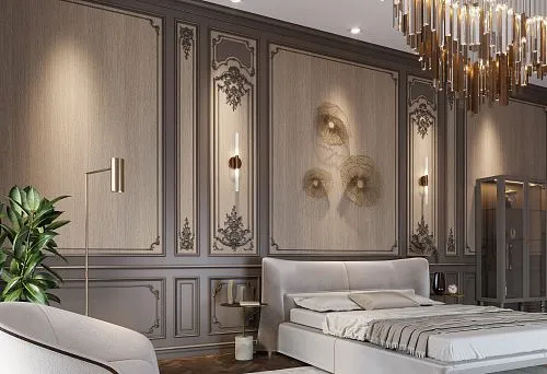 Итальянская мебель кровать в элегантной спальне с декоративными панелями