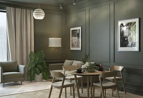 Круглый обеденный стол из массива дерева с мягкими деревянными стульями 