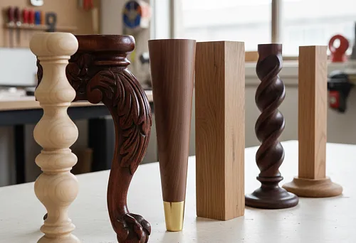 Мебельные ножки и опоры разных форм и пород дерева — точёные, резные, конусные, квадратные и винтовые модели из дуба, бука и ореха в столярной мастерской