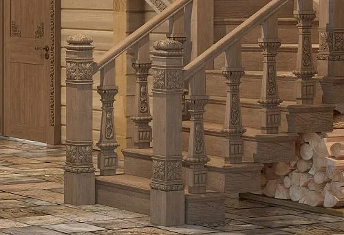 Фото интерьера в русском стиле с лестницей из дерева и резными элементами