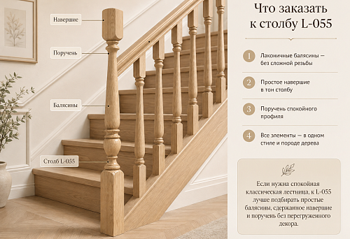 Что заказать к столбу L-055: балясины, навершие и поручень для лестницы без лишней резьбы