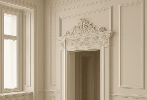 Обрамление дверного портала с декоративным орнаментом и классическими элементами в интерьере