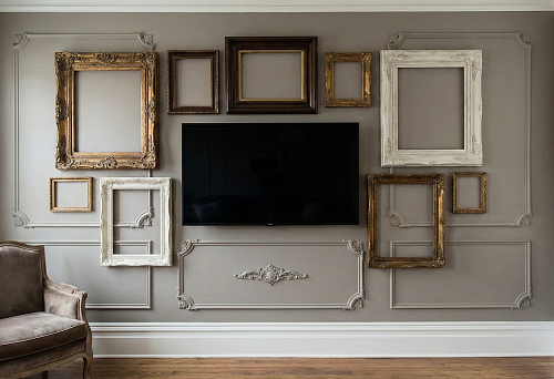 Зона ТВ как композиция: плинтус, молдинги и зеркальные рамы вокруг экрана