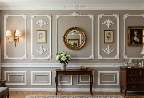 Лепной декор для стены с консолью и комодом: как оформить зону мебели молдингами из полиуретана