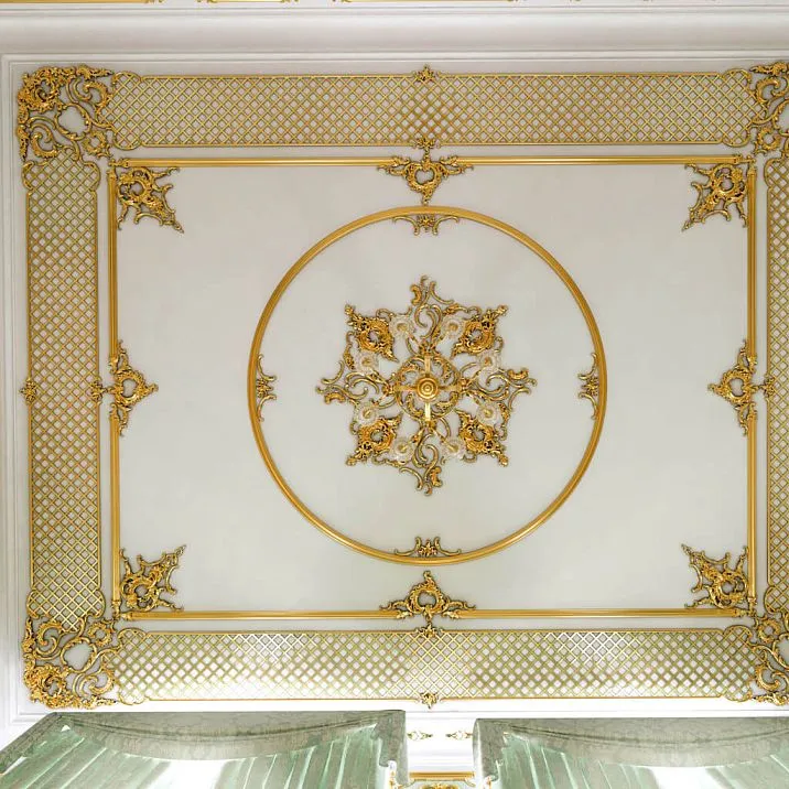 Резной наконечник на молдинг N-364.1R в оформлении классической потолочной панели с молдингами и резным декором