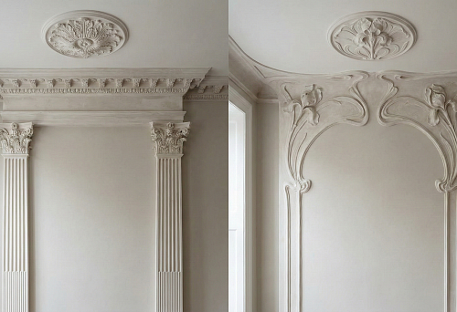 Классическая лепнина с колоннами, капителями и симметричным карнизом в интерьере