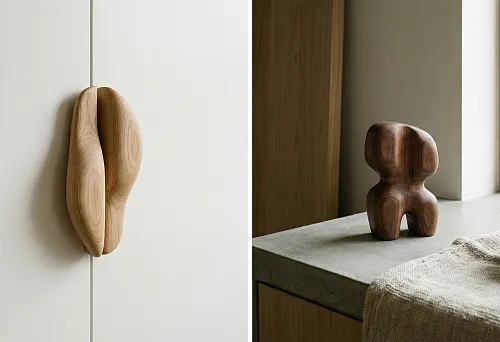 Деревянная мебельная ручка и декоративный элемент из массива дерева в минималистичном интерьере с акцентом на тактильные ощущения.