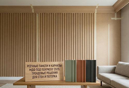 Современный интерьер с реечными панелями МДФ и крупным карнизом под покраску; на переднем плане образцы окрашенных профилей и табличка с надписью о трендовых решениях 2025 года