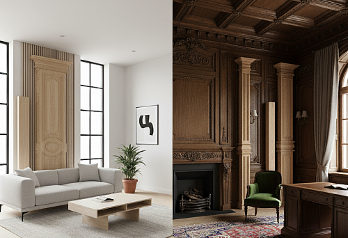 Сравнение дубовых и буковых линейных изделий в интерьерах: светлый минимализм и тёмная классическая отделка с колоннами и резными панелями.