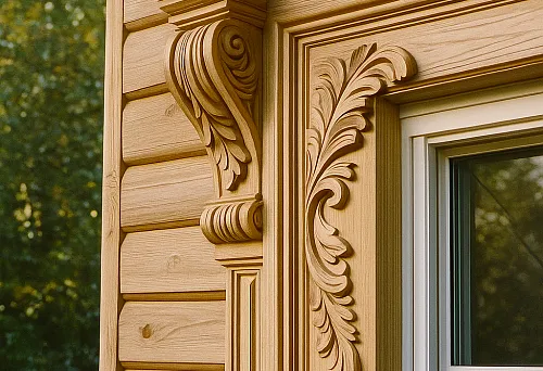 Фасадный деревянный декор с резными элементами вокруг окна.