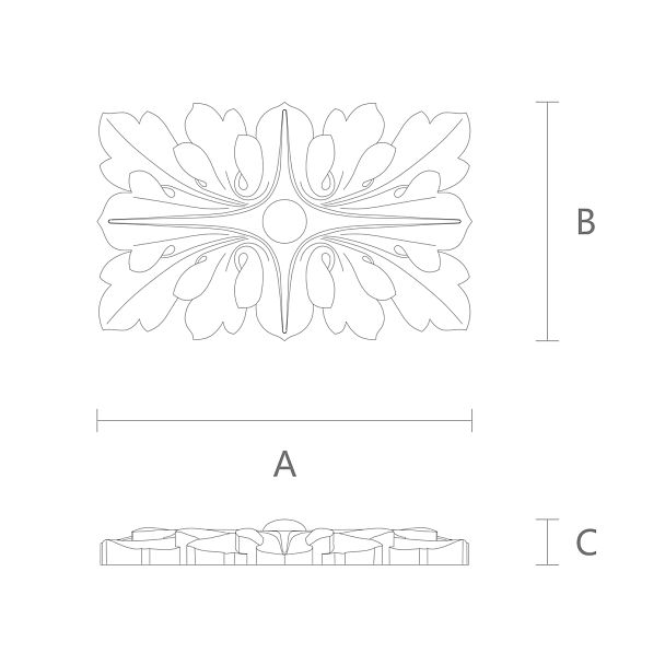 Прямоугольные резные розетки R-020 выполнены в классическом стиле  Красивый узор в виде акантового листа смотрится богато даже в одиночном виде, а также хорошо сочетается с элементами растительно-цветочного орнамента