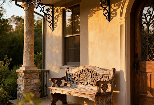 Каменные колонны и резная деревянная скамья в уличном декоре дома