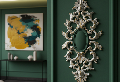 Декоративный настенный молдинг в классическом стиле на зелёной стене интерьера