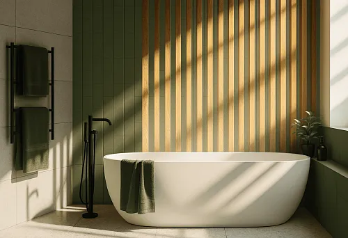 Рейка МДФ 2700 в интерьере ванной комнаты с акцентной стеной