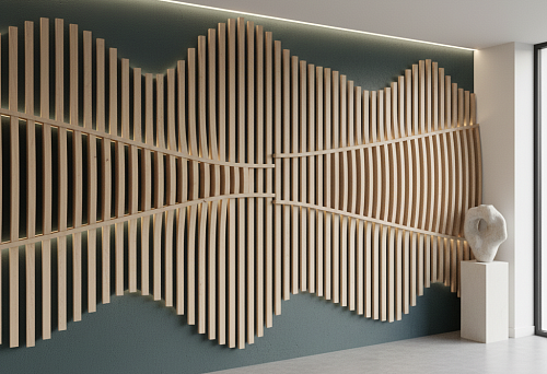 Декоративные деревянные рейки из бука в волнообразной композиции на стене современного интерьера