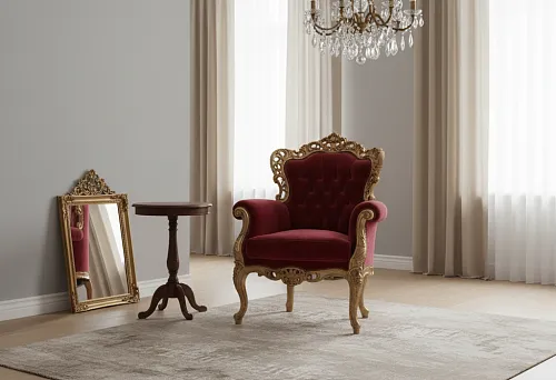 Акцентное бархатное кресло в стиле барокко с резным золотым каркасом, стоящее на светлом ковре в нейтральной современно оформленной комнате