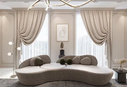 Современная гостиная с дизайнерским диваном органичной формы