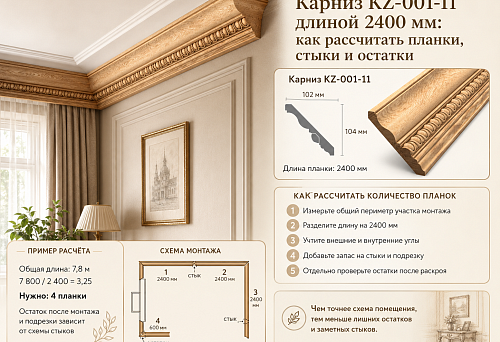 Карниз KZ-001-11 длиной 2400 мм: как рассчитать планки, стыки и остатки