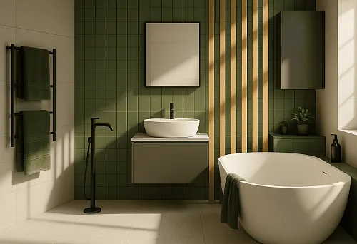 Рейка МДФ шпонированная в интерьере современной ванной комнаты