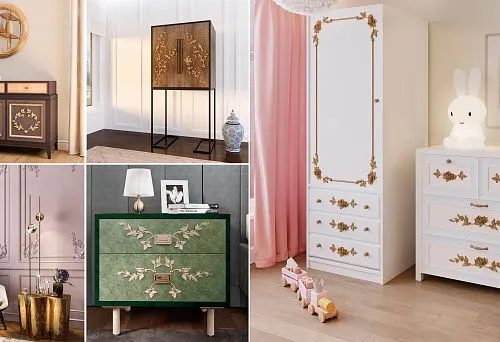 Коллаж из пяти интерьерных сцен с уникальной мебелью: комод с золотыми венками