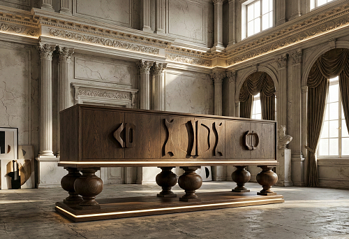 массивная классическая тумба на больших балясинах с резными деревянными ручками в интерьере неоклассики