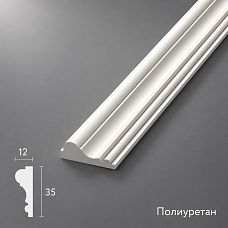 Молдинг полиуретановый MLDPU-003 STAVROS — 3D-вид профиля с размерами сечения 35×12 мм, белый цвет, многоярусный рельеф, материал полиуретан