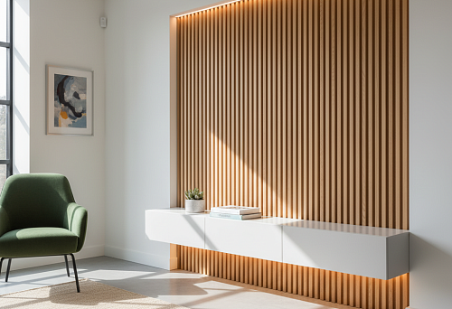 Рейки деревянные для декора стены с подсветкой в современном интерьере