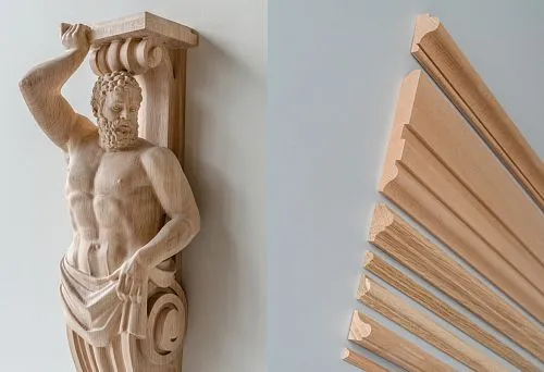 Набор деревянных планок и профилей разных форм и толщины, используемых при изготовлении шкафов