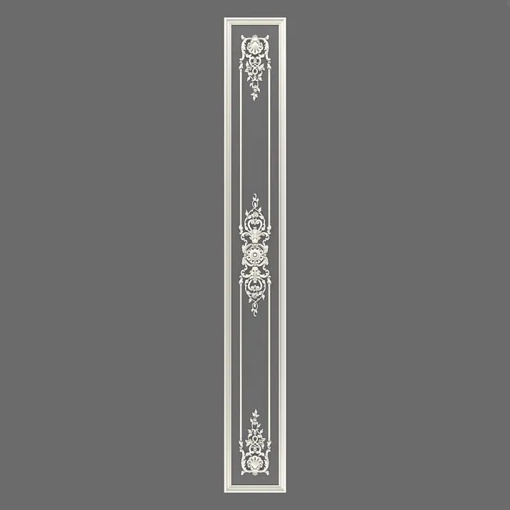Комплект лепного декора CPU-5-8 «Версаль» — вертикальная панель с двойным центральным орнаментом и угловыми акцентами, 3D-визуализация