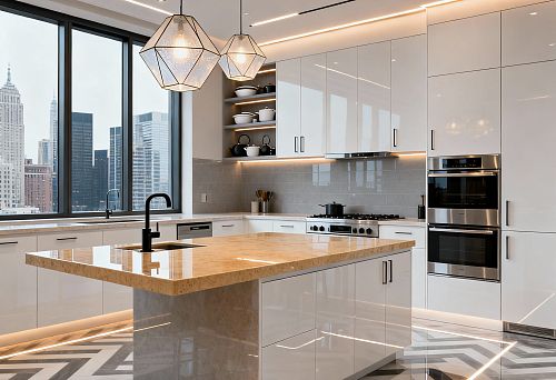 Современная кухня с островом и мраморной столешницей в интерьере