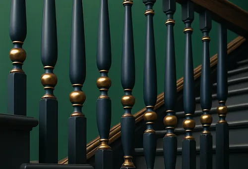 Лестница с чёрными балясинами и золотыми акцентами в современном интерьере