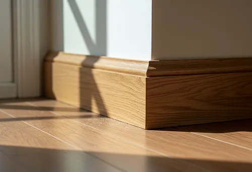 Деревянный плинтус у стены с паркетным полом в солнечном интерьере.