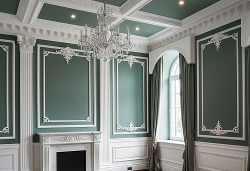 Интерьер с лепниной и молдингами в классическом стиле, сочетающими эстетику и функциональность