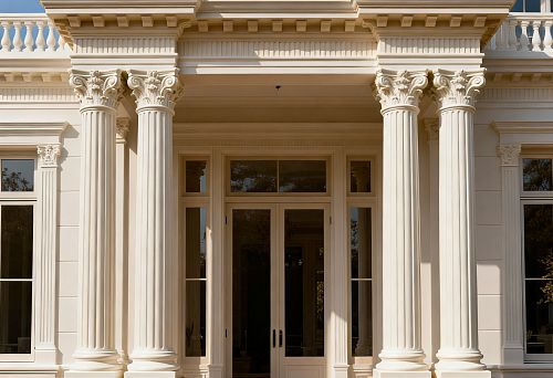 Фасад дома с классическими колоннами и декоративным уличным декором