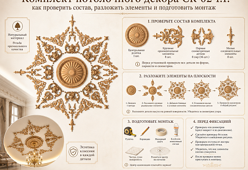 Комплект потолочного декора CR-02-1.1: как проверить состав, разложить элементы и подготовить монтаж